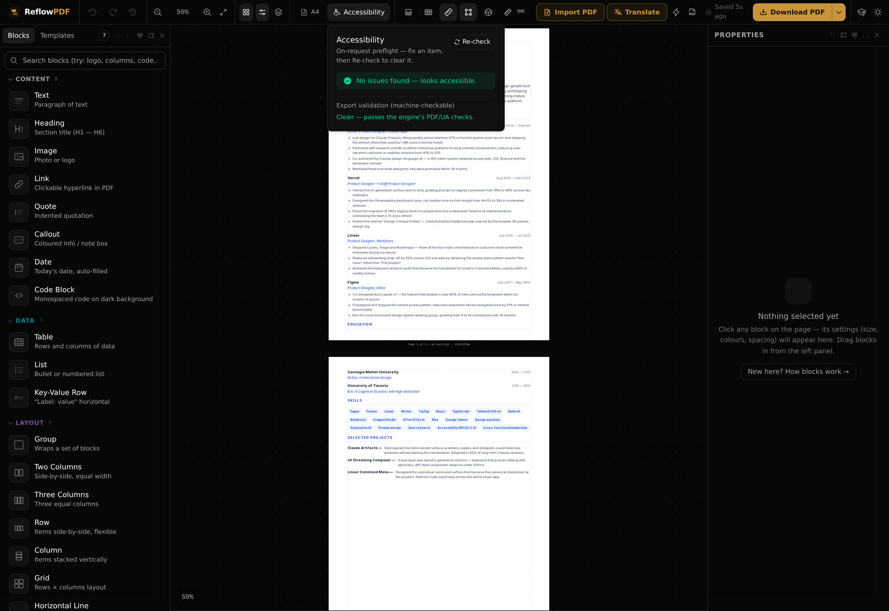 The ReflowPDF editor with the accessibility panel open, reporting no issues found and export validation clean against the engine's PDF/UA checks