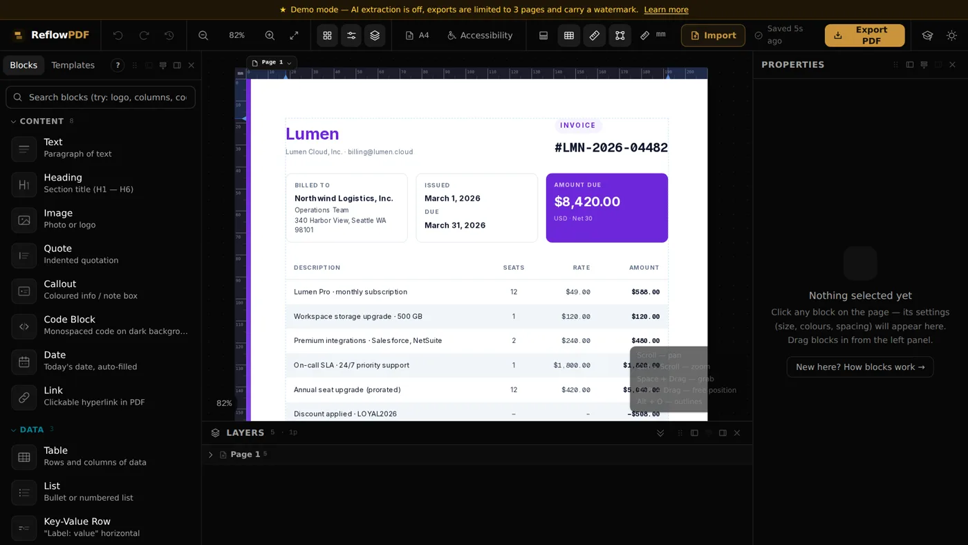 The ReflowPDF editor filling a Chromebook-sized browser window with an invoice open for editing