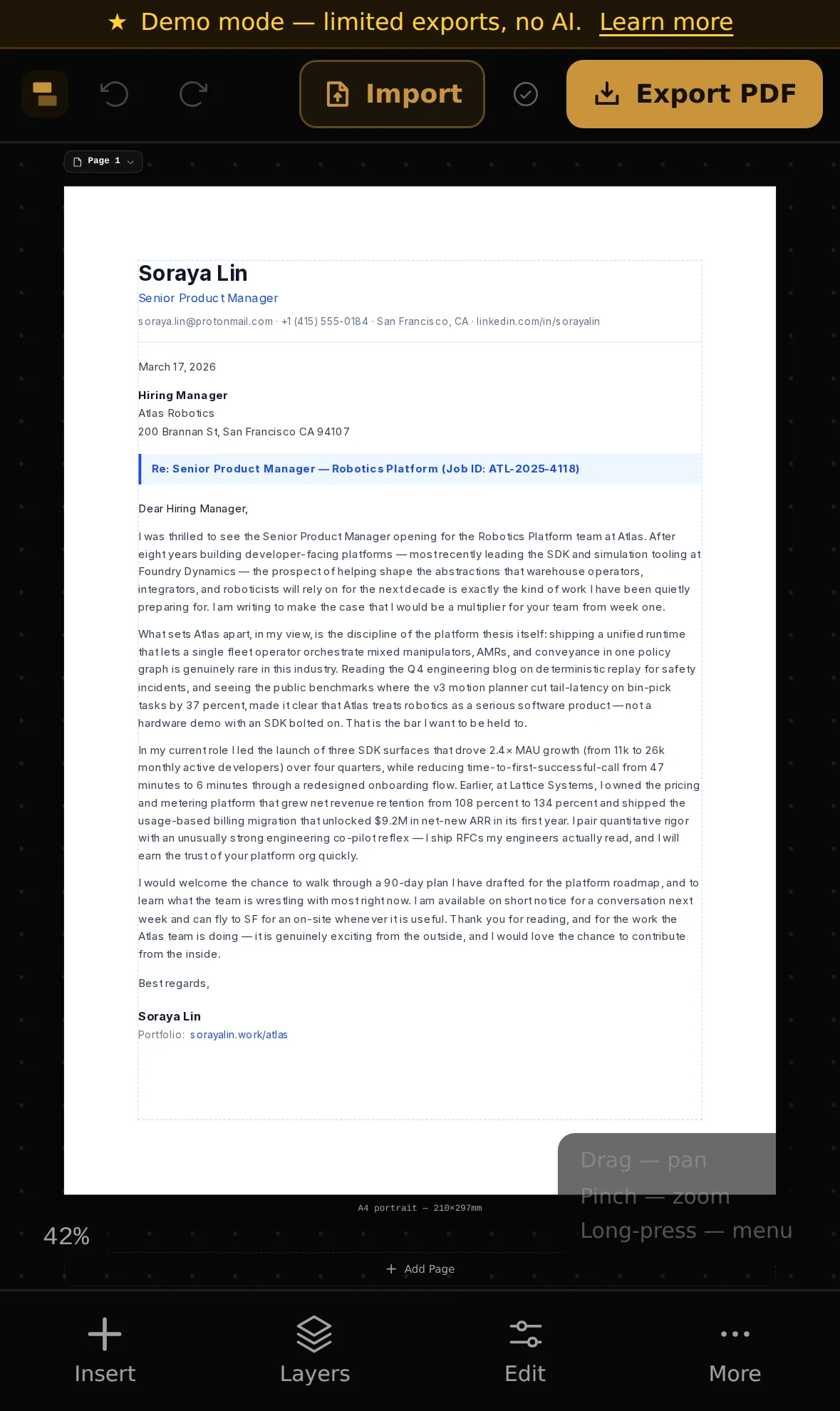 The ReflowPDF editor running in Safari on an iPhone, with a cover letter open and the mobile toolbar showing Insert, Layers, Edit and More