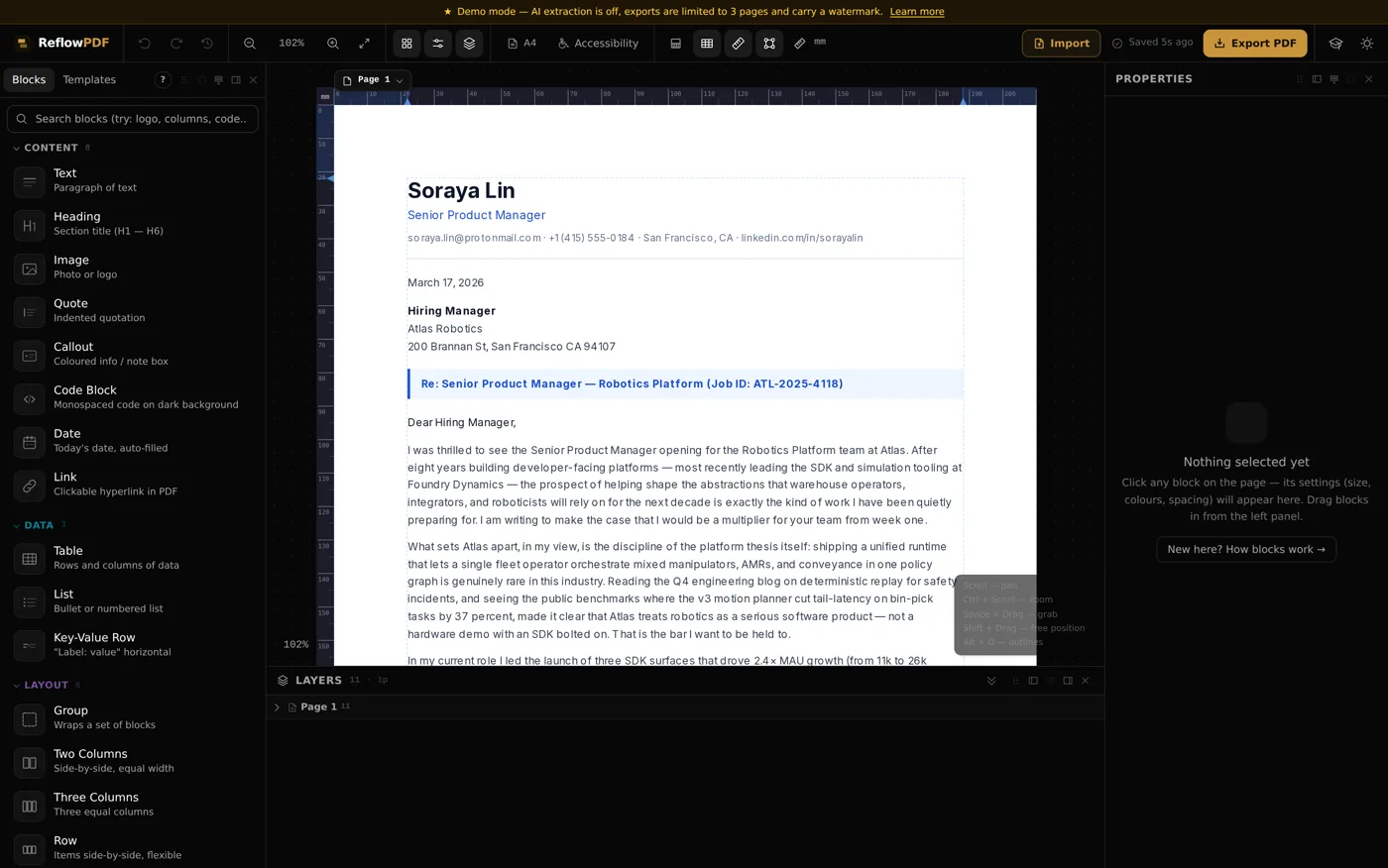 The ReflowPDF editor in a desktop browser on a Mac, editing a cover letter with the full layout visible