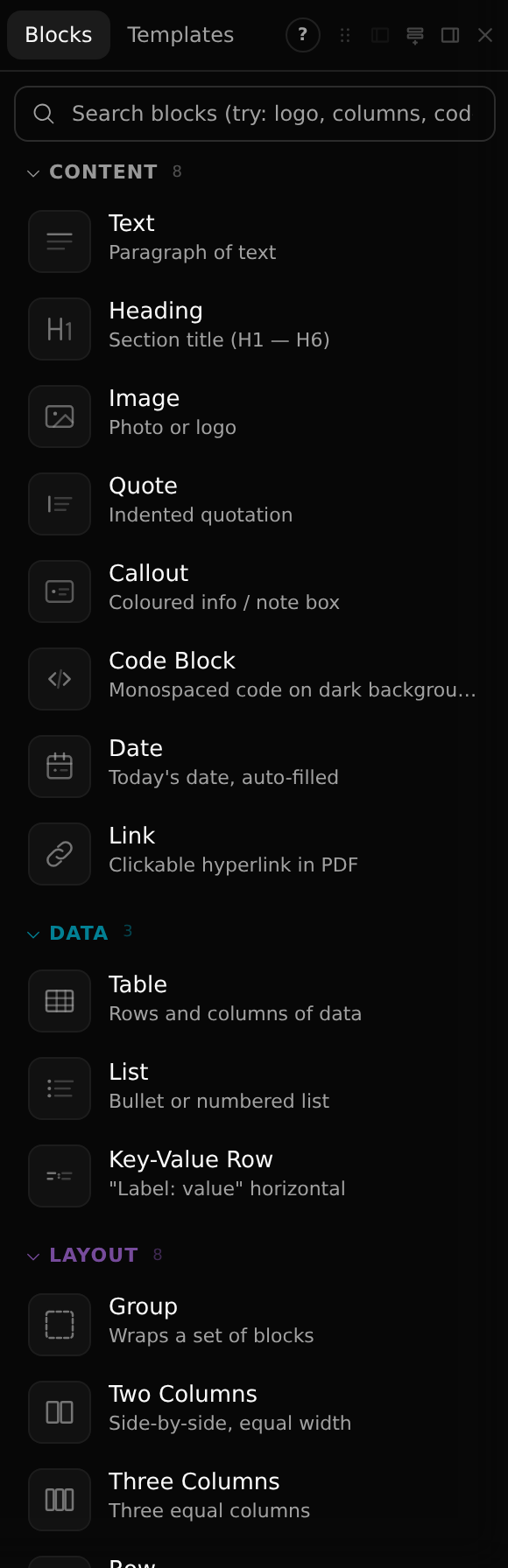 The Blocks panel: a search field, then blocks grouped into categories, each row with a small preview.