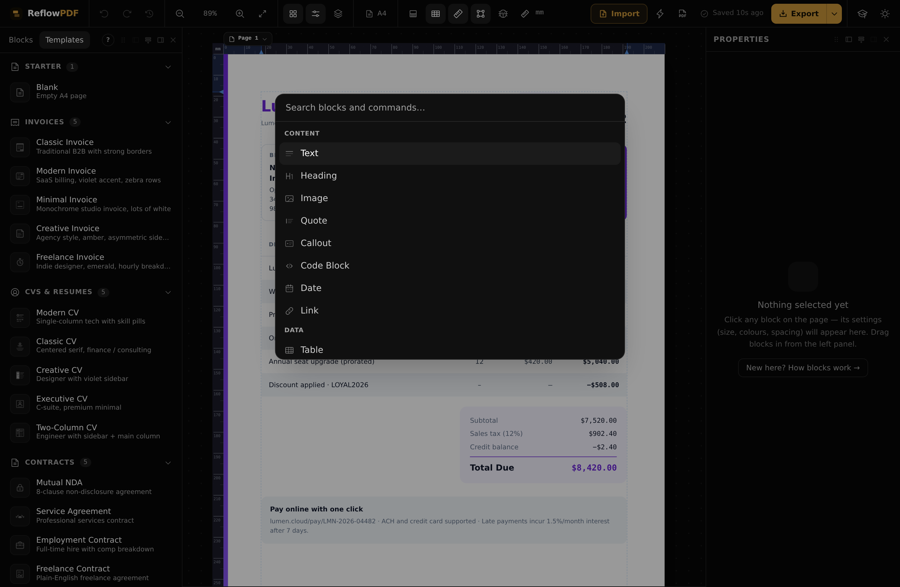 The ReflowPDF command palette open over the editor, with a search field and a list of commands.