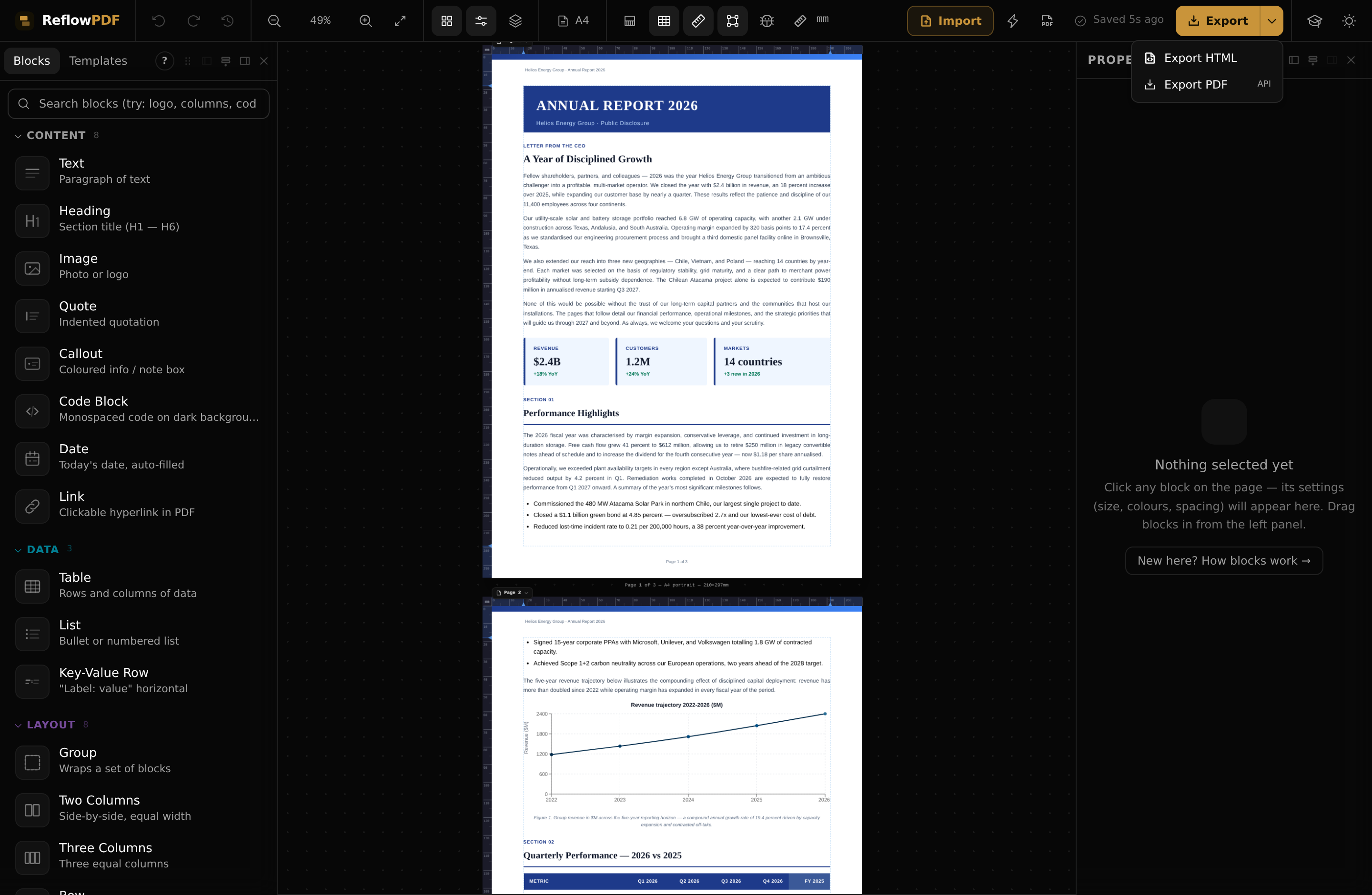 The editor with a multi-page document; the Export button's dropdown is open showing Export PDF and Export HTML.