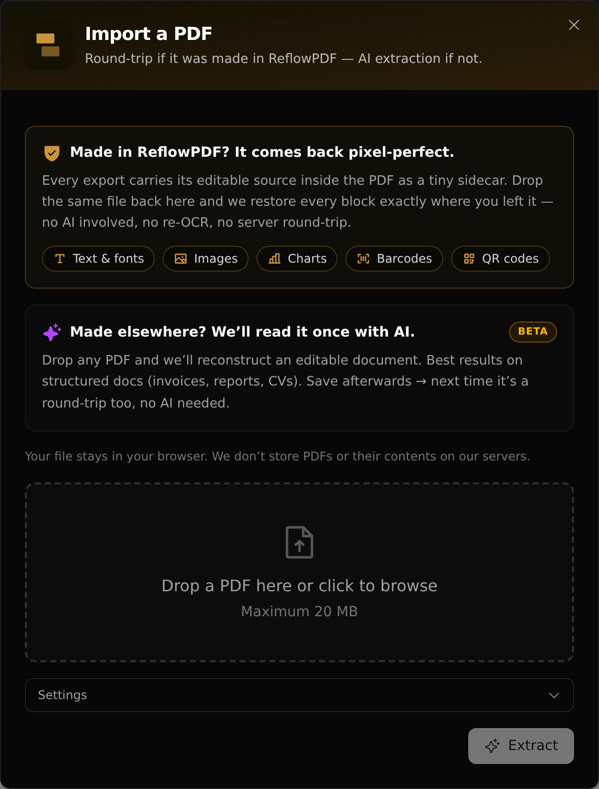 The Import a PDF dialog: a round-trip path for ReflowPDF files, an AI path for any other PDF, and a drop zone with a 20 MB limit.
