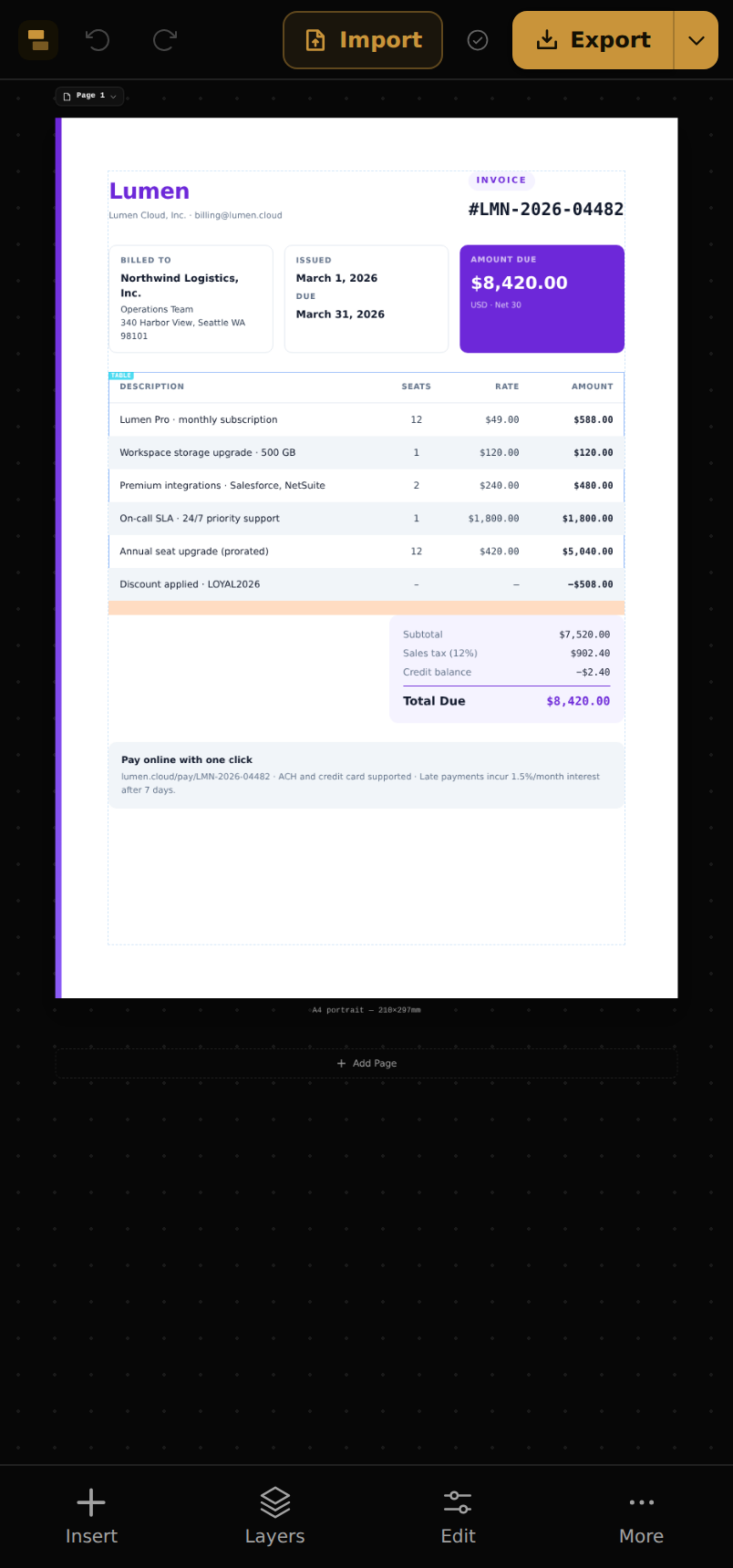 The ReflowPDF editor on a phone: a compact top bar with Import and Export, the document on the canvas, and a bottom navigation bar.