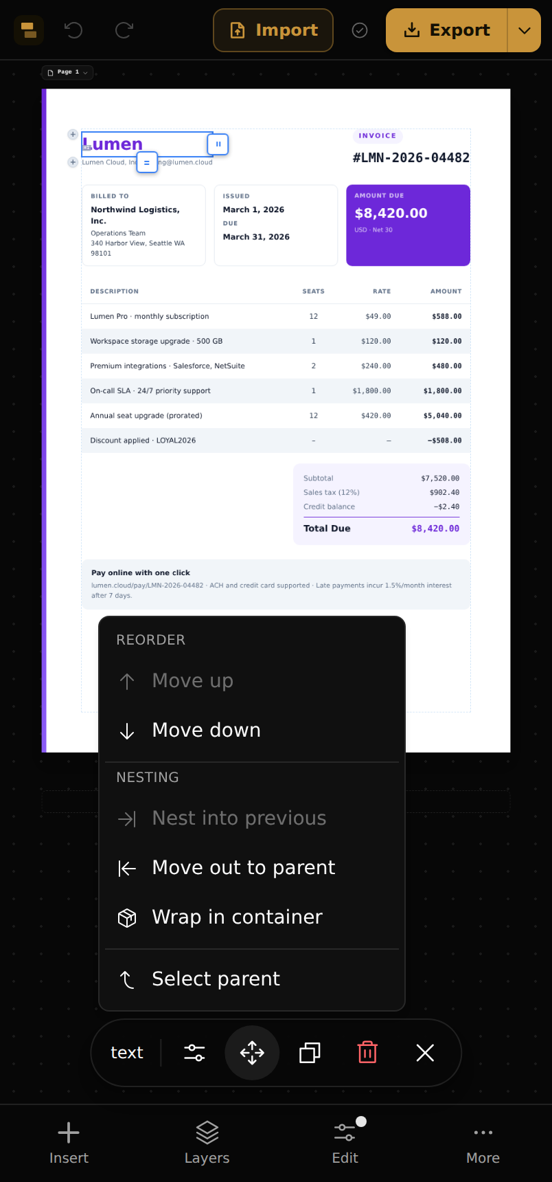 A block selected on mobile with the Move menu open: Move up/down, Nest into previous, Move out to parent, Wrap in container, Select parent.