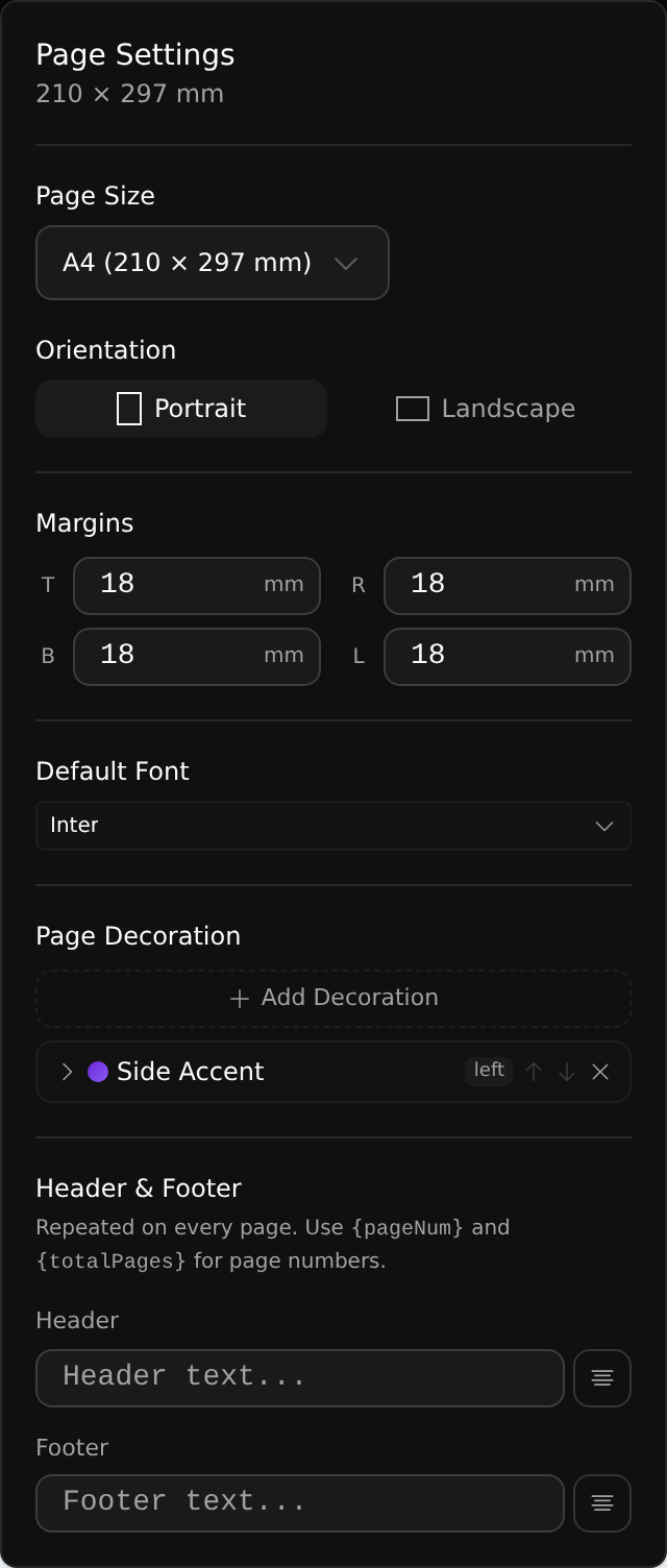 The Page Settings popover: page size, orientation, margins, default font, a page-decoration layer list, and header/footer fields.