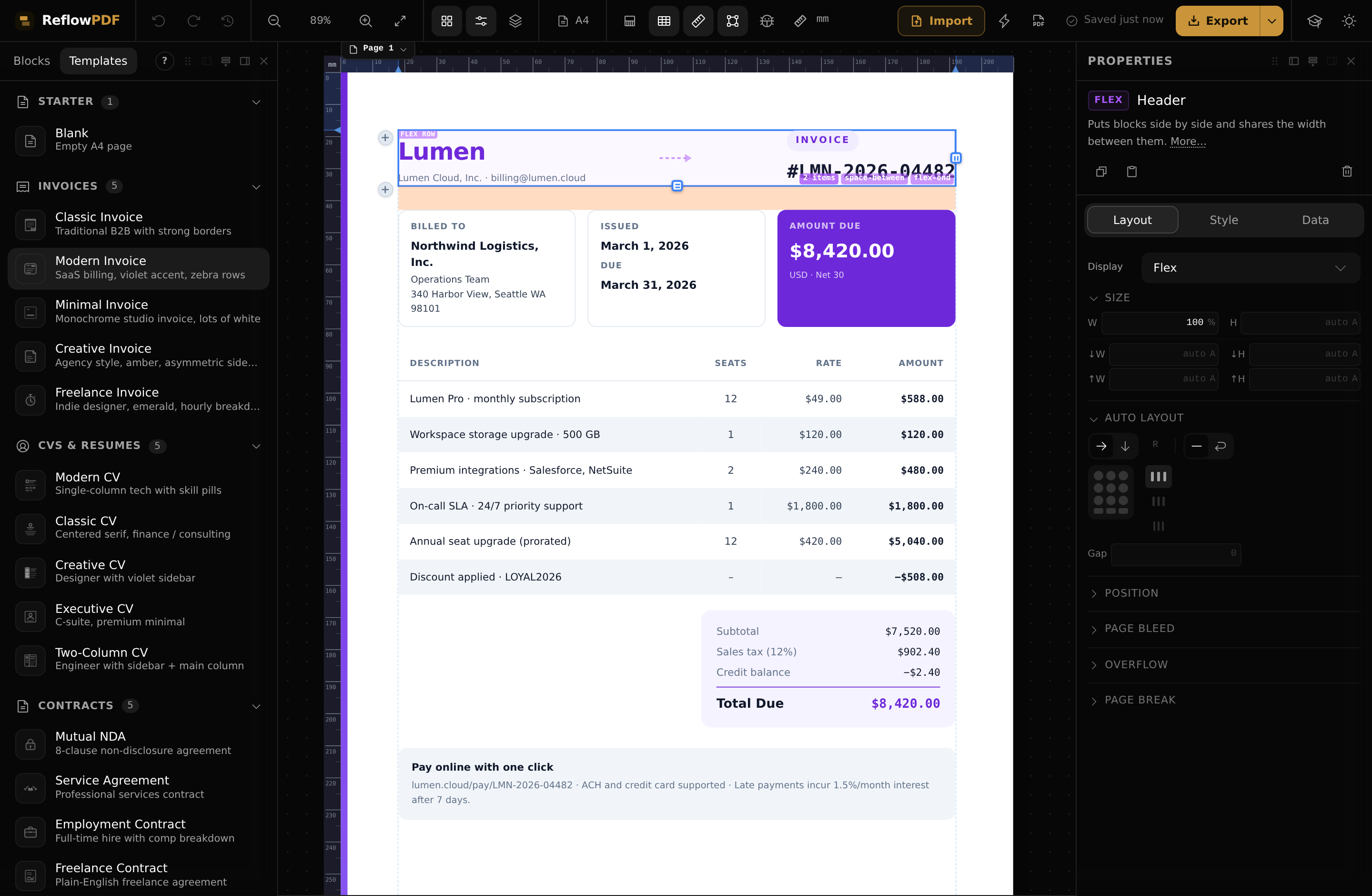 The editor with a flex container selected; the Properties panel on the right shows the Layout tab with display, sizing and alignment controls and a FLEX badge.