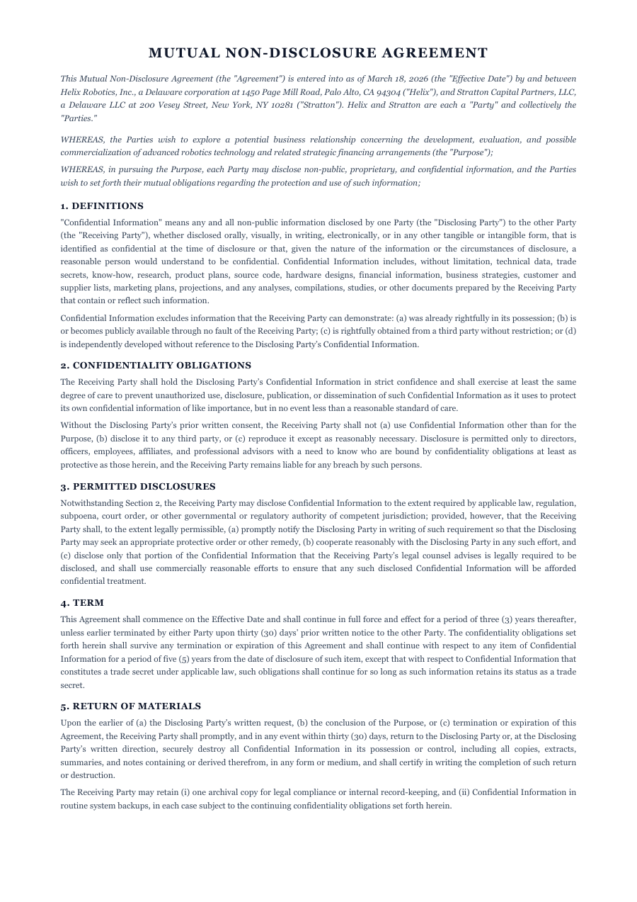 Mutual NDA template — page 1