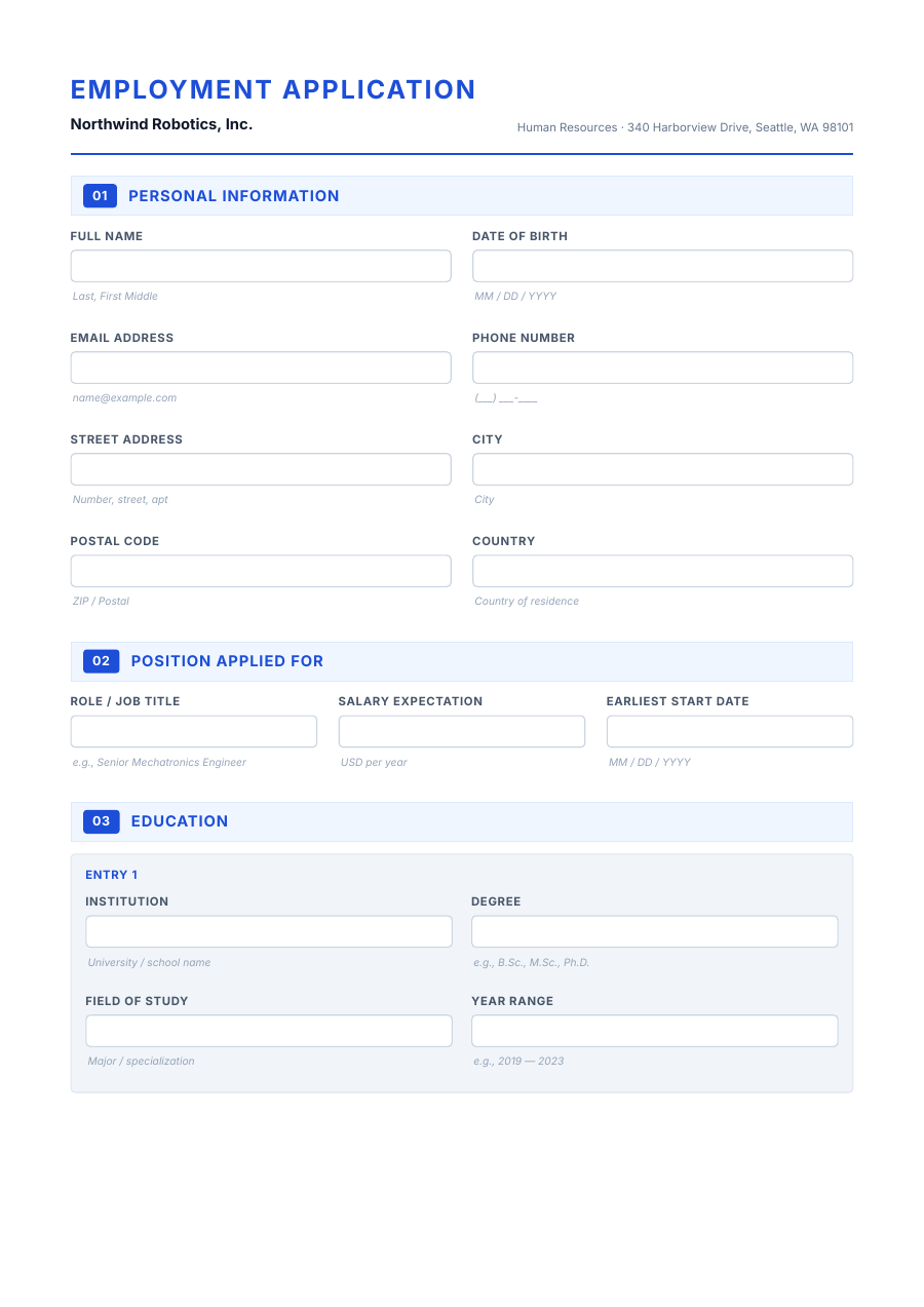 Job Application Form template — page 1