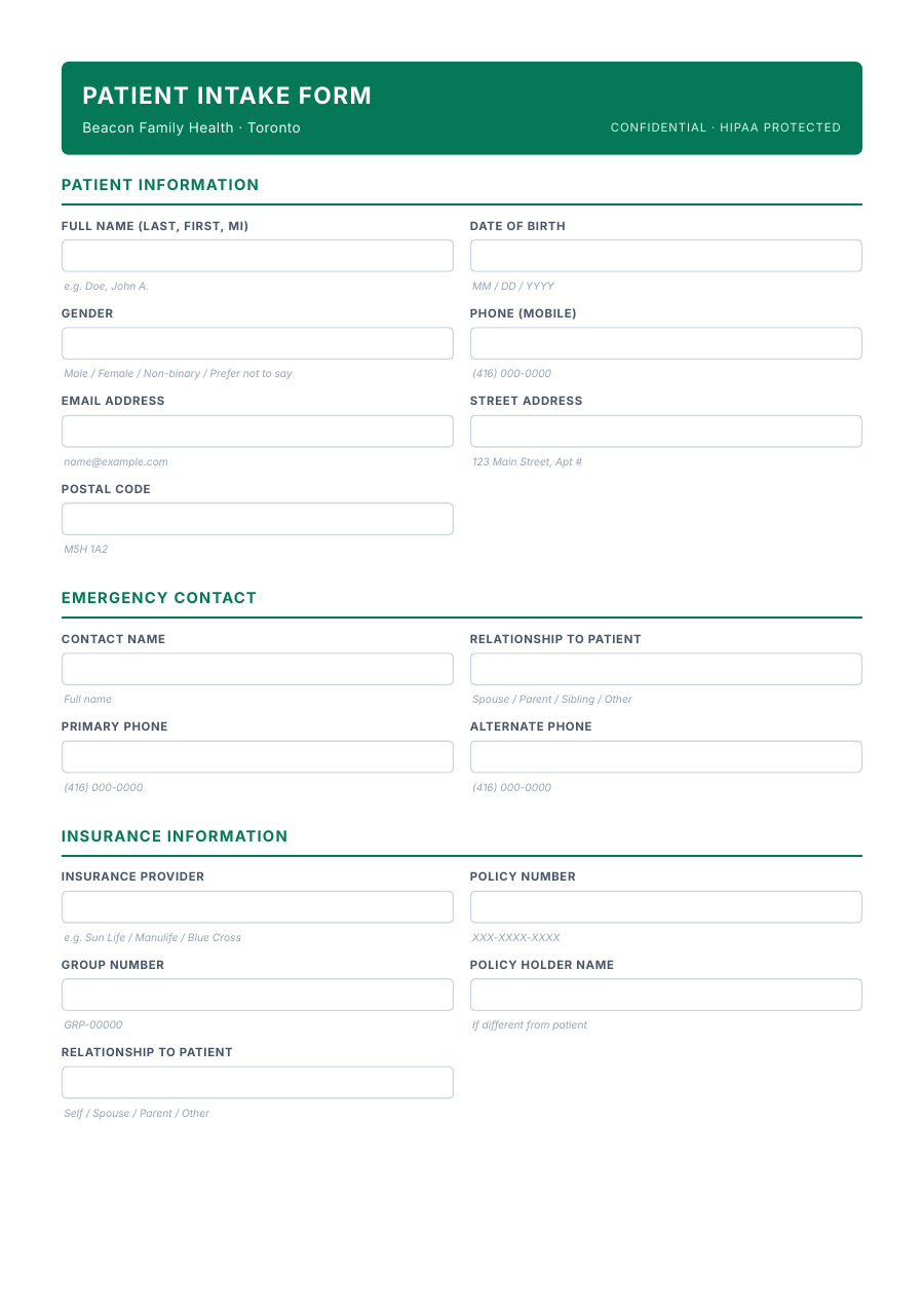 Patient Intake Form template — page 1