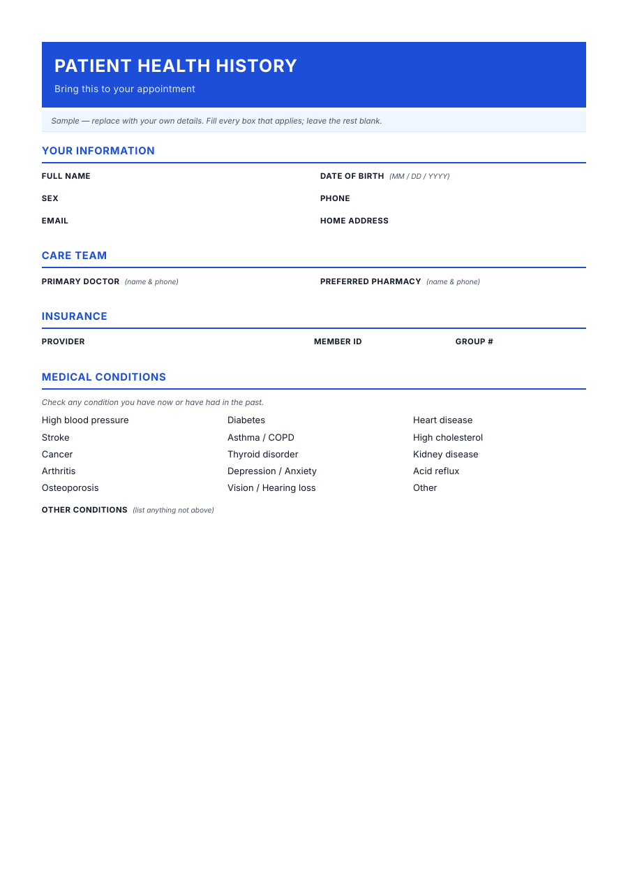 Patient Health History template — page 1