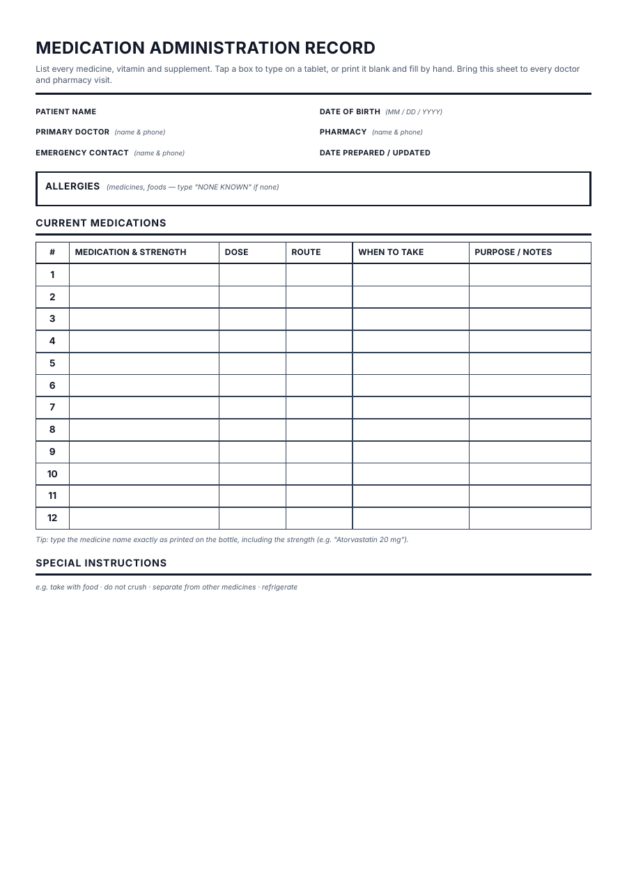 Medication Administration Record template — page 1