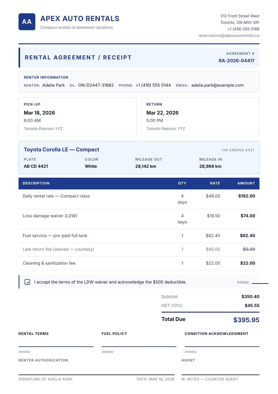 Car Rental Receipt template — page 1