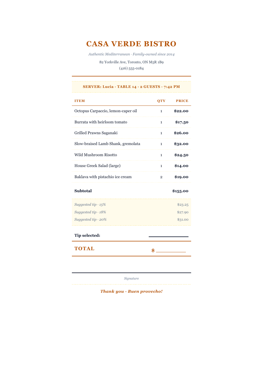 Restaurant Bill template — page 1