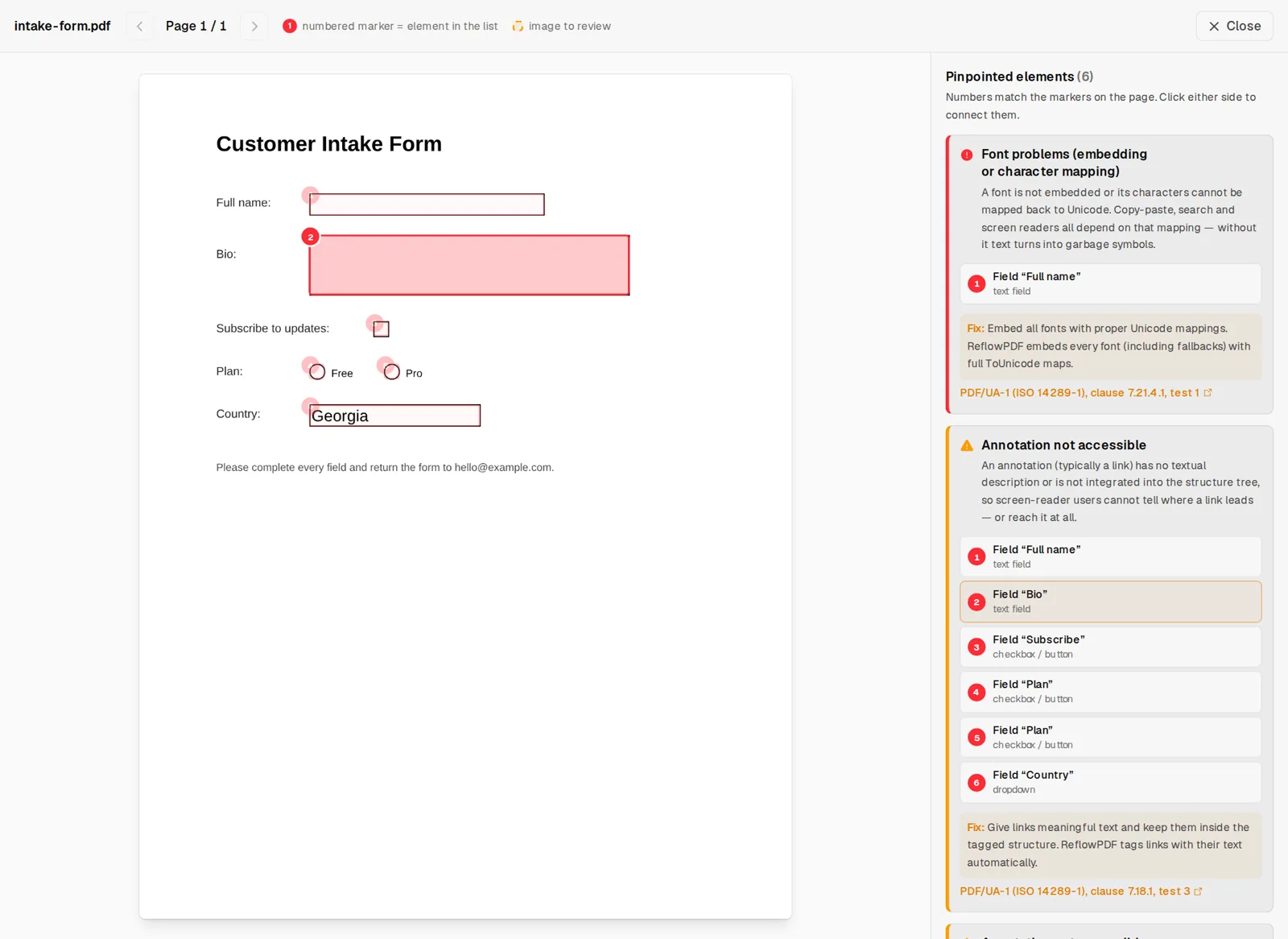 ReflowPDF accessibility checker inspector: a form PDF with numbered markers on each untagged form field, and a side panel naming each field with the failed PDF/UA rules
