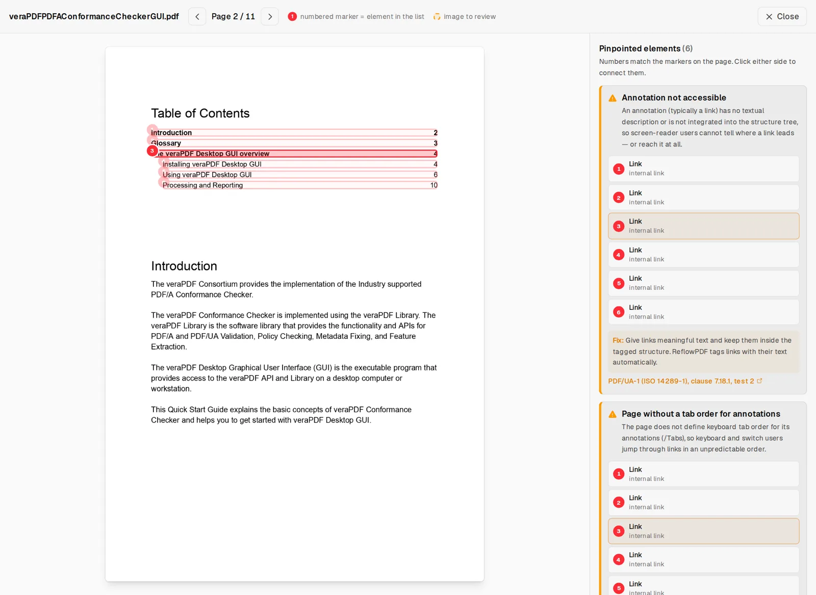 veraPDF findings visualized: the checker's page inspector with numbered markers on six links that fail PDF/UA-1 clause 7.18, synced with plain-English explanations